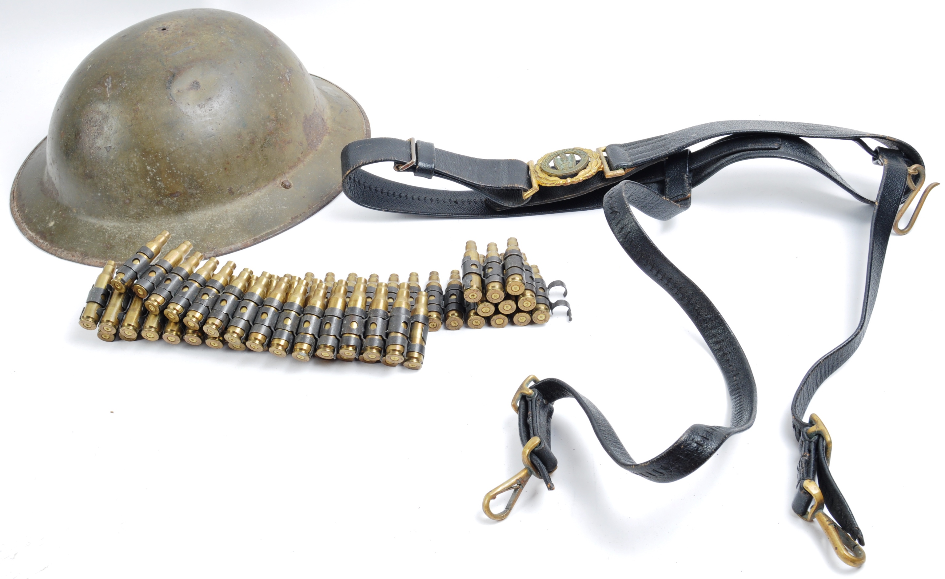 MILITARIA - COLLECTION OF ITEMS - WW2 BRODIE HELMET, SAM BROWNE BELT ETC