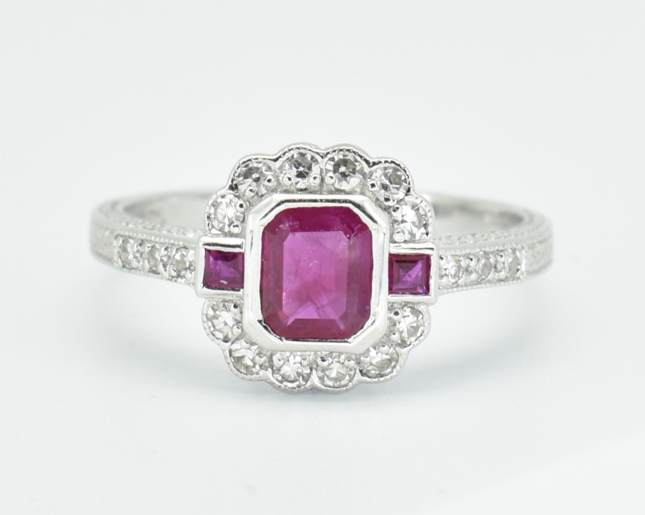 18CT WHITE GOLD RUBY & DIAMOND RING