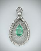 18CT WHITE GOLD EMERALD & DIAMOND NECKLACE PENDANT