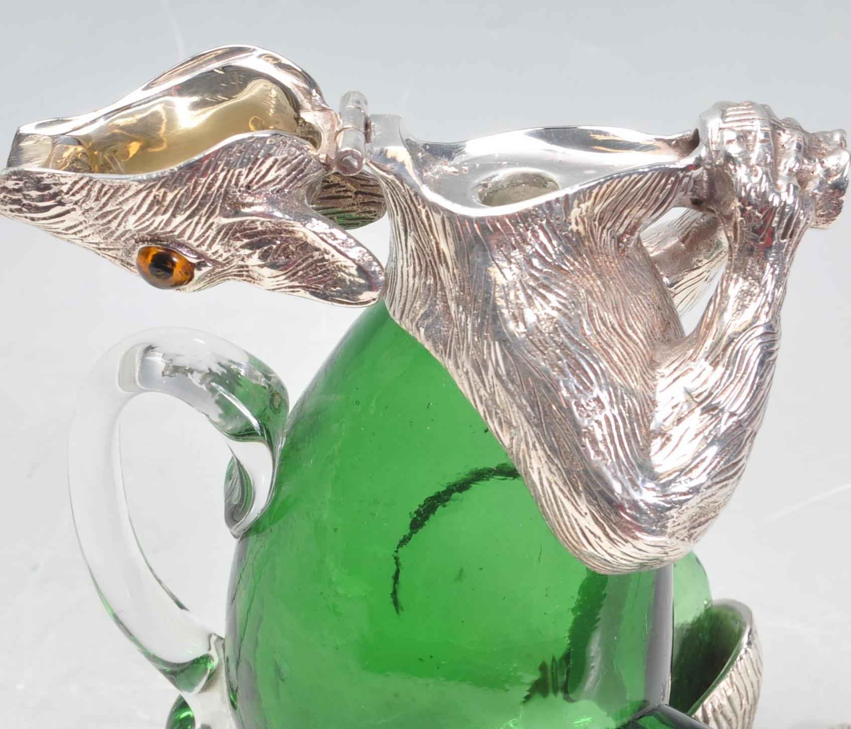 SILVER PLATE AND EMERALD GLASS SQUIRREL CLARET POURER. - Image 6 of 7