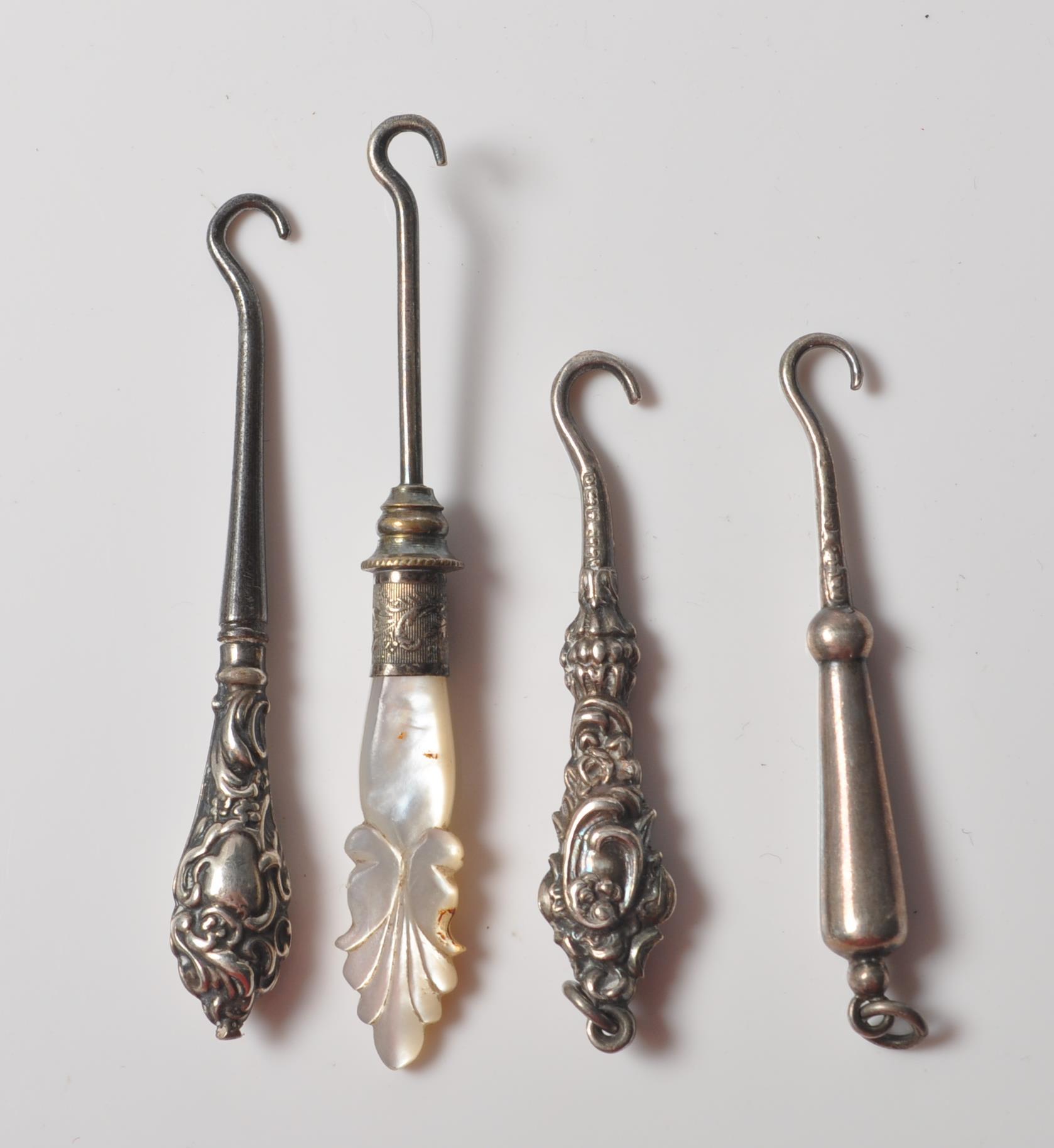 COLLECTION OF FOUR VICTORIAN SILVER BUTTON HOOKS WITH AGATE AND MOTHER OF PEARL HANDLES. - Image 6 of 8