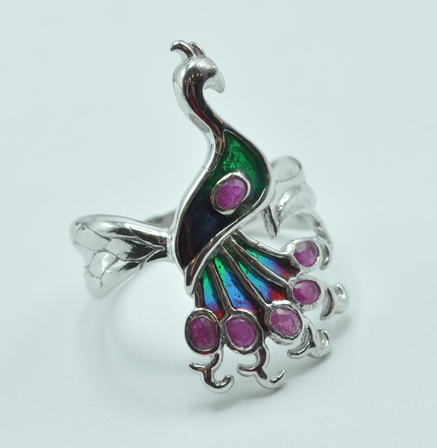 STAMPED 925 SILVER ENAMEL PEACOCK RING. - Image 2 of 6