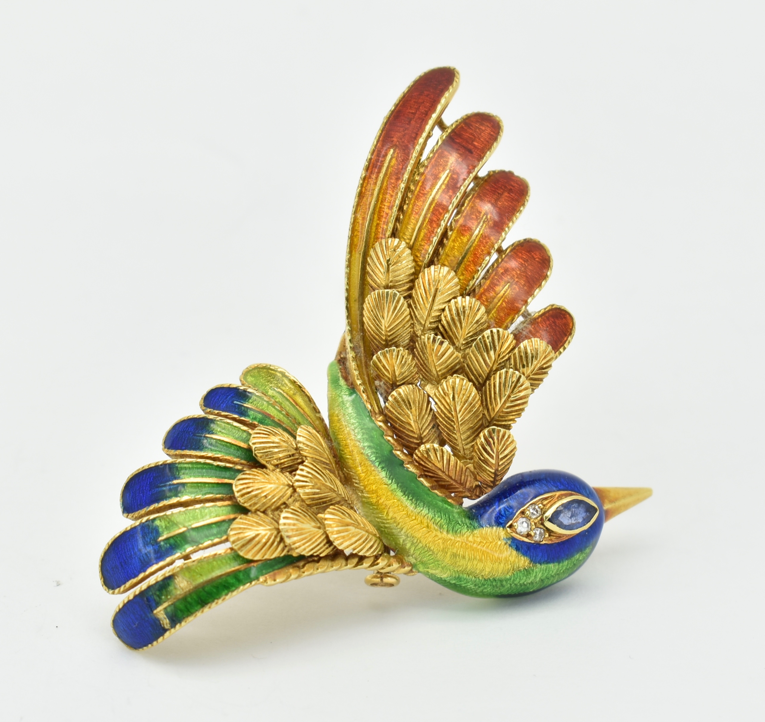 18CT GOLD ENAMEL SAPPHIRE DIAMOND BIRD BROOCH - MAUBOUSSIN