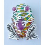 STAMPED 925 SILVER PLIQUE A JOUR AND MARCASITE FROG BROOCH.