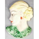 ART DECO HAND PAINTED CERAMIC FEMALE WALL PLAQUE