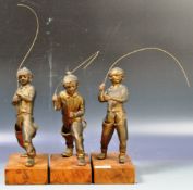 SET OF THREE BRITISH SCHOOL BRONZE EFFECT FISHING BOY FIGURES