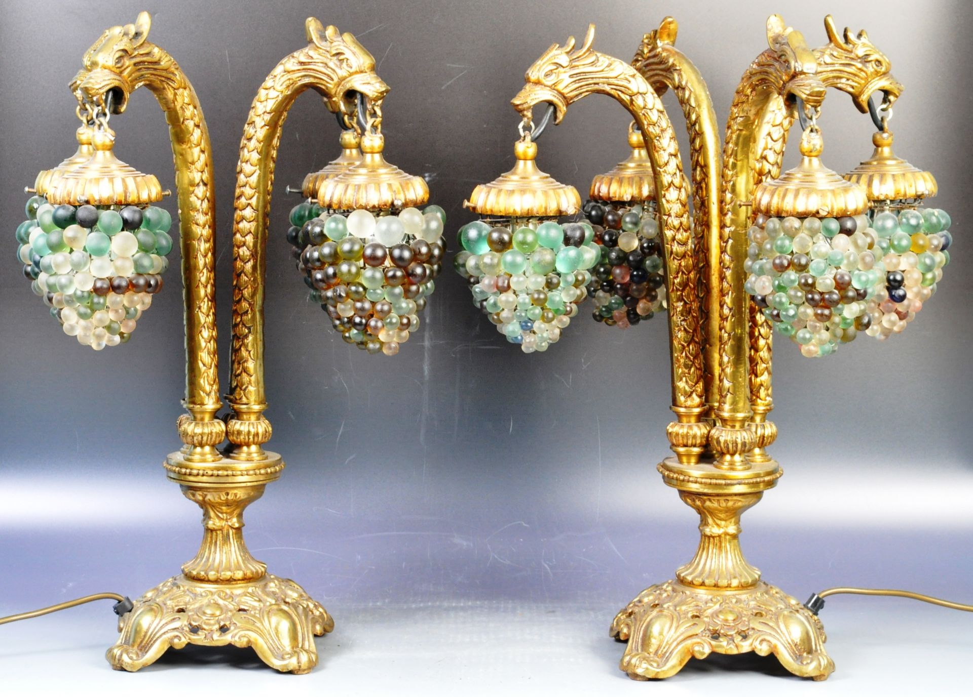 PAIR OF MURANO BRONZE GRIFFIN AND GRAPE TABLE LIGHTS