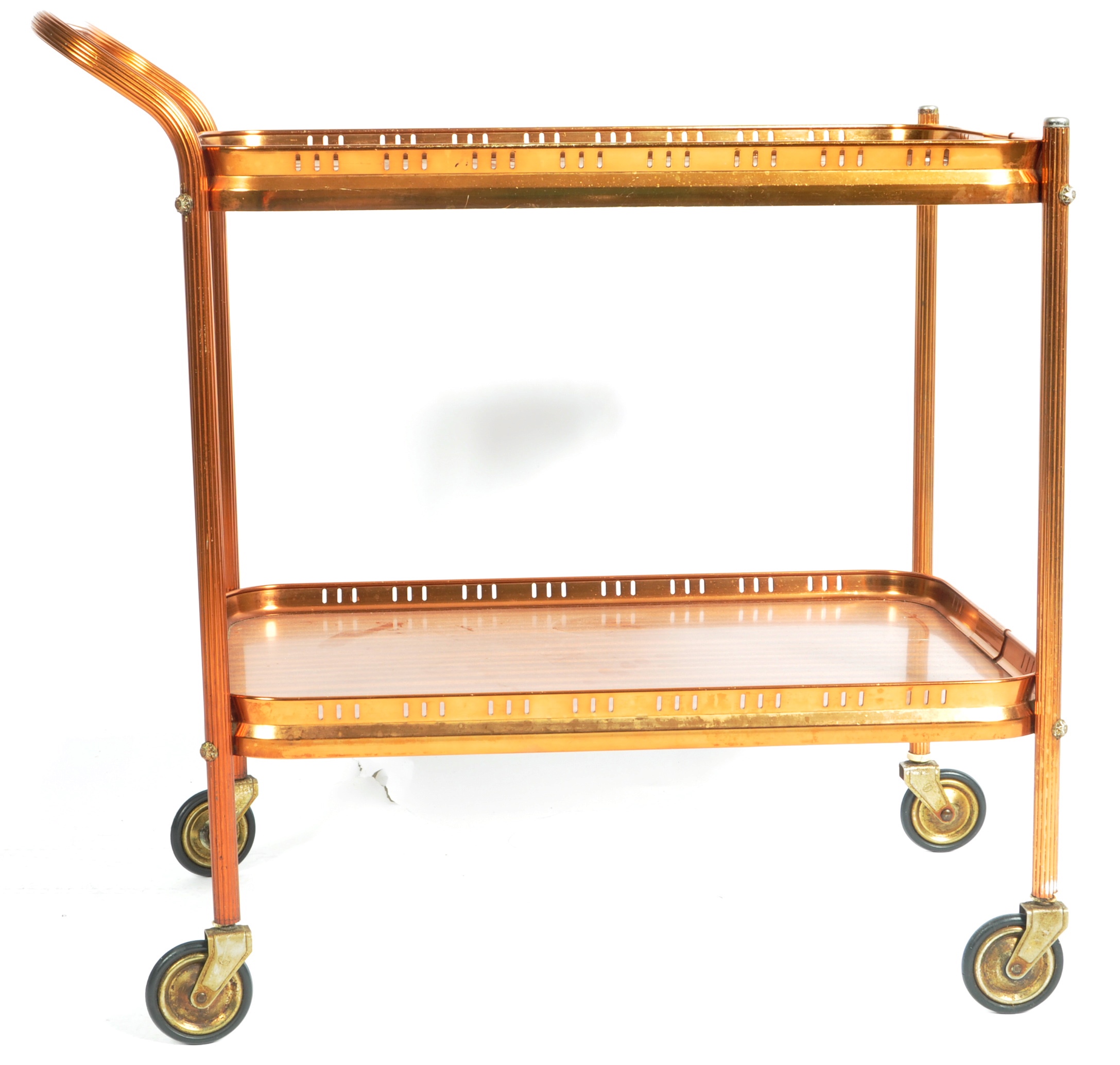 MID CENTURY COPPER TONE METAL TWO TIER DRINKS TROLLEY - Image 7 of 8