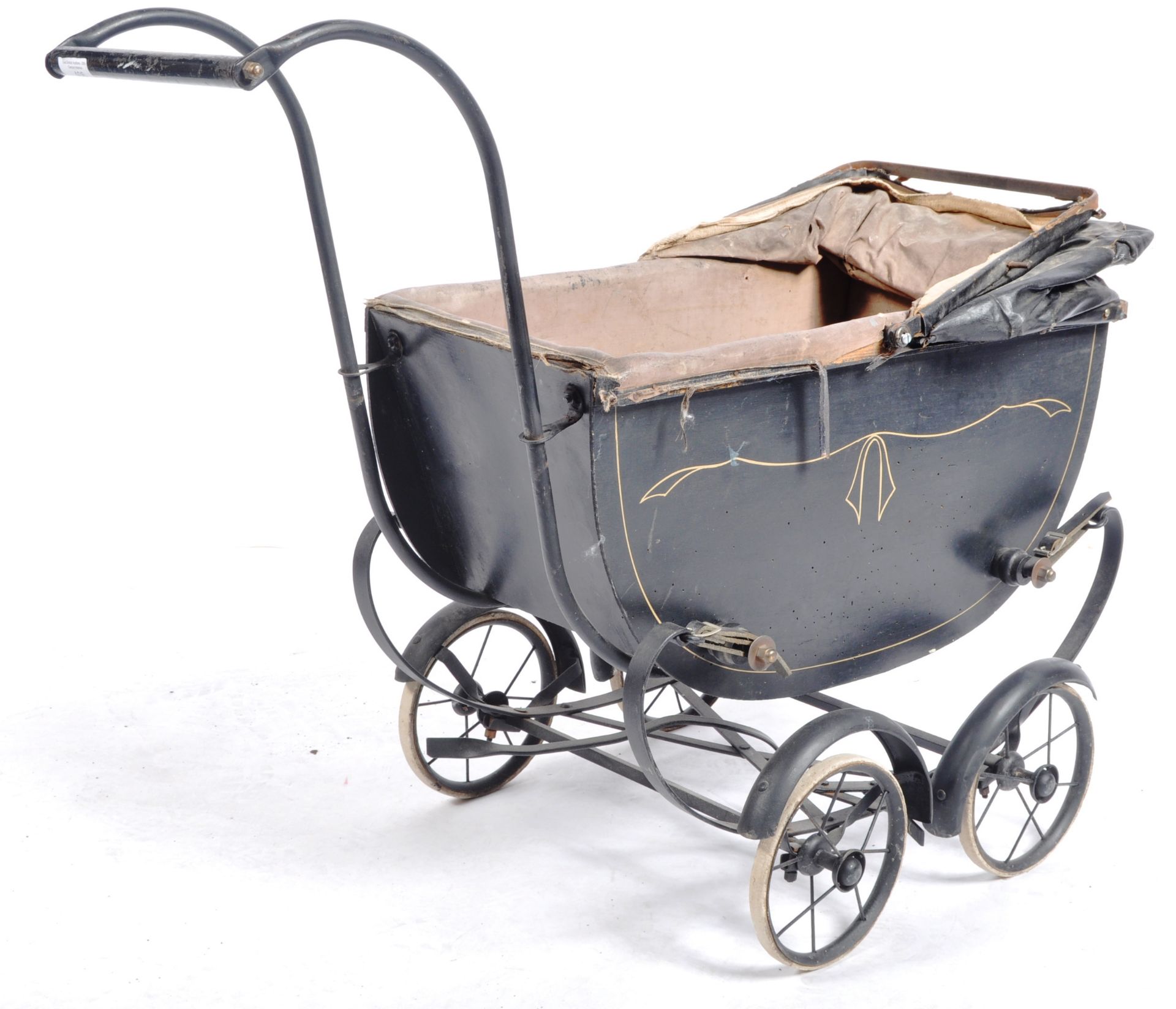 ANTIQUE CHILDS DOLL PRAM WITH BLACK LEATHER CANOPY - Image 6 of 8