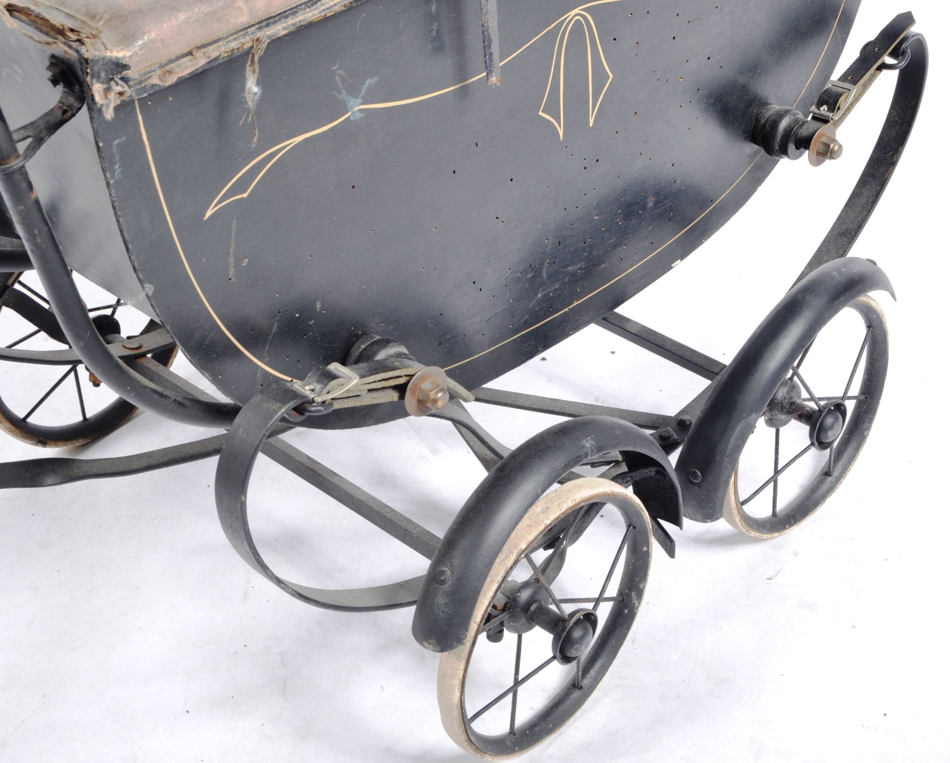 ANTIQUE CHILDS DOLL PRAM WITH BLACK LEATHER CANOPY - Image 8 of 8