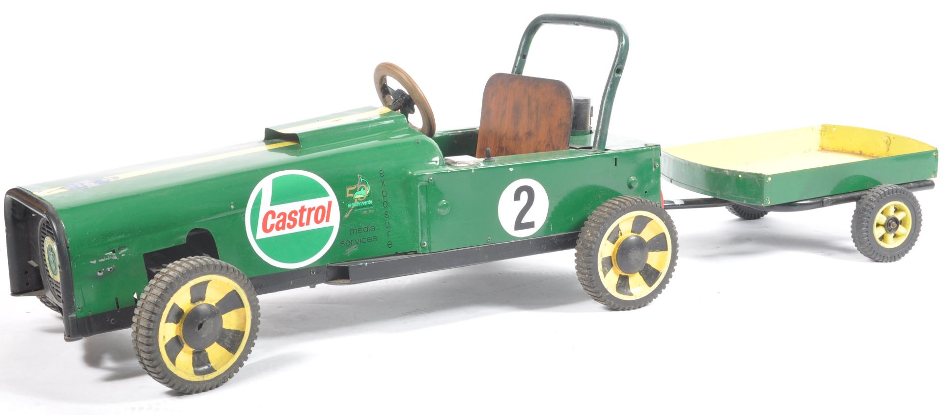 UNUSUAL CASTROL GREEN CHILDS MOTOR POWERED GO KART AND TRAILER