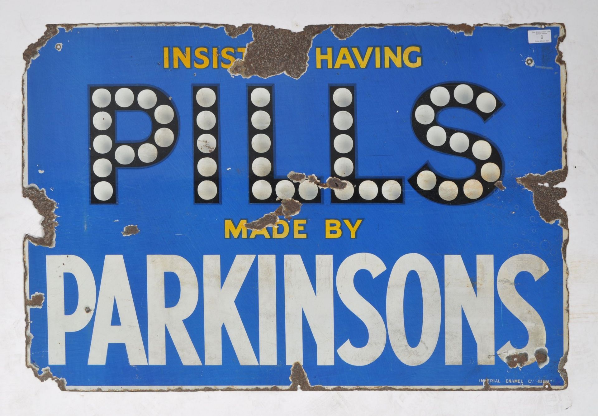 PARKINSONS PILLS VINTAGE ADVERTISING ENAMEL SHOP SIGN