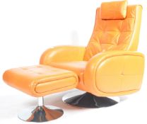 RETRO CONTEMPORARY ORANGE LEATHER ARMCHAIR & FOOTSTOOL