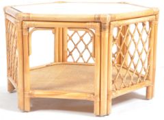 VINTAGE CANE AND BAMBOO GLASS TOPPED COFFEE / SIDE TABLE