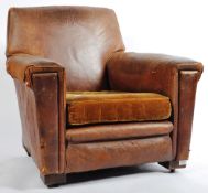 1930'S WEATHERED ART DECO LEATHER CLUB ARMCHAIR