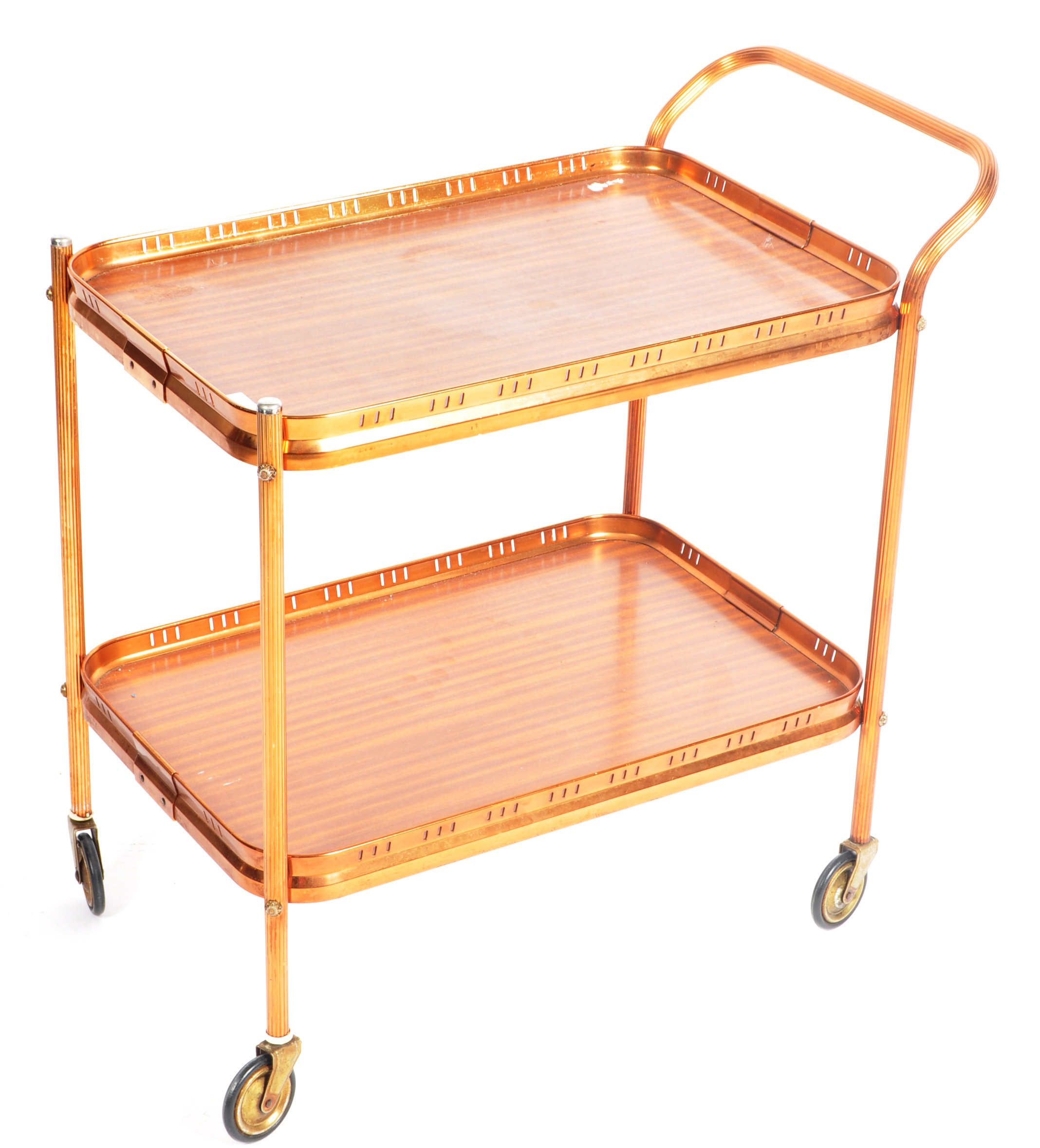 MID CENTURY COPPER TONE METAL TWO TIER DRINKS TROLLEY - Image 2 of 8