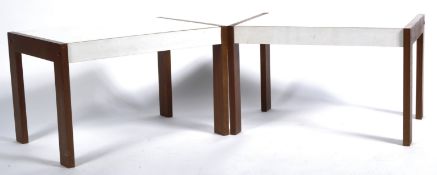 PAIR OF MID CENTURY MODERN TEAK AND WHITE FORMICA SIDE TABLES