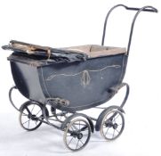 ANTIQUE CHILDS DOLL PRAM WITH BLACK LEATHER CANOPY