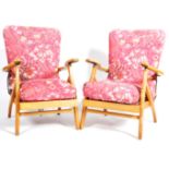 MATCHING PAIR OF ART DECO OAK FRAMED ARMCHAIRS