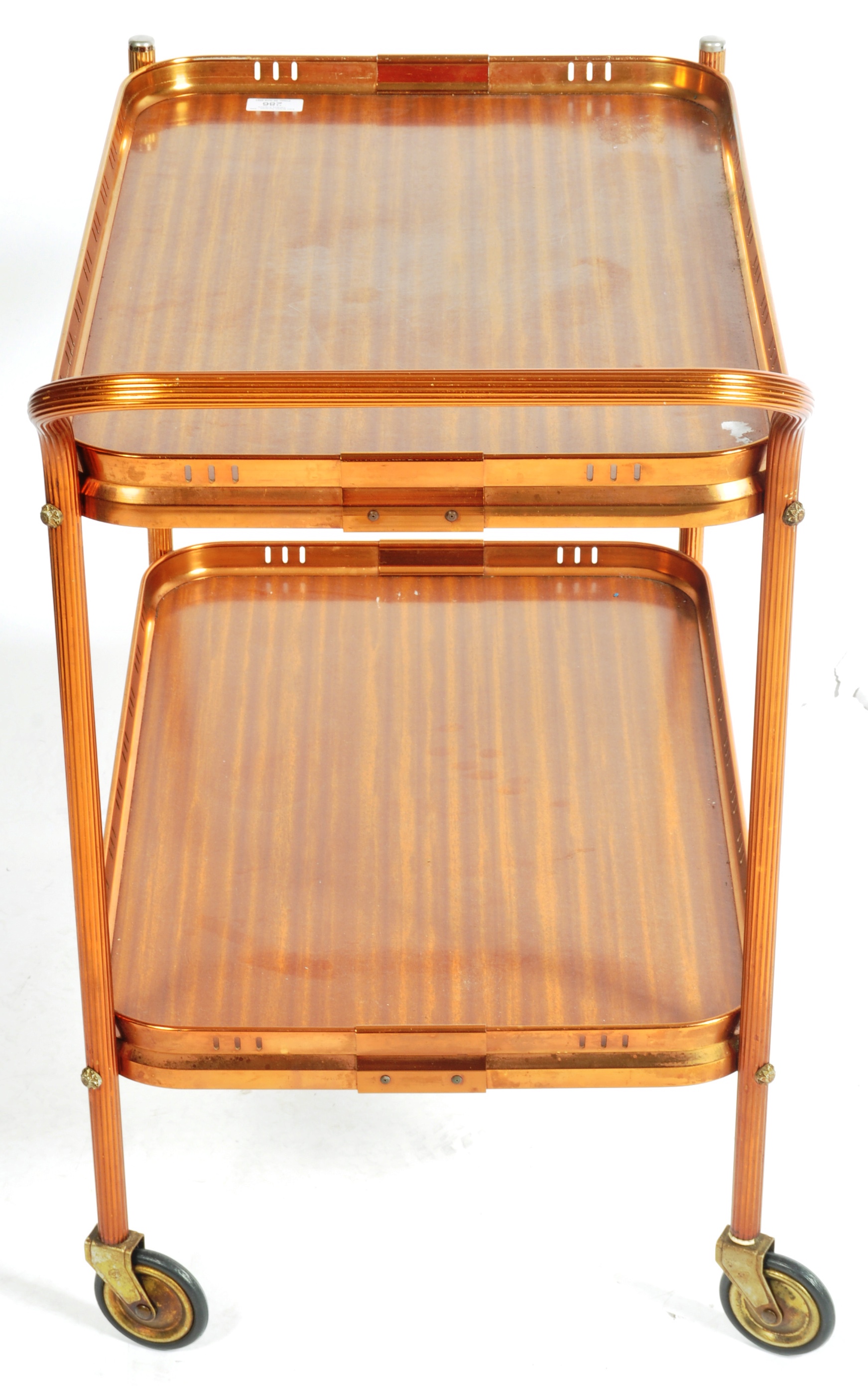 MID CENTURY COPPER TONE METAL TWO TIER DRINKS TROLLEY - Image 8 of 8