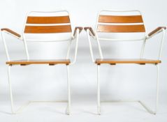 MATCHING PAIR OF MID CENTURY SLATTED PATIO GARDEN CHAIRS