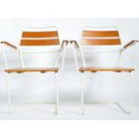 MATCHING PAIR OF MID CENTURY SLATTED PATIO GARDEN CHAIRS