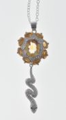 STAMPED 925 SILVER SNAKEDROP NECKLACE SET WITH YELLOW STONES AND CZ'S.