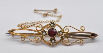 9CT GOLD RED STONE AND SEED PEARL BROOCH