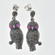 STAMPED 925 SILVER OWL EARRINGS SET WITH MARCASITES.