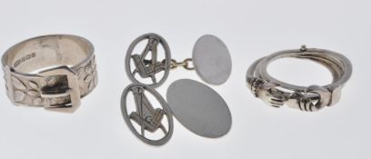 VINTAGE MASONIC CUFFLINKS AND TWO SILVER RINGS
