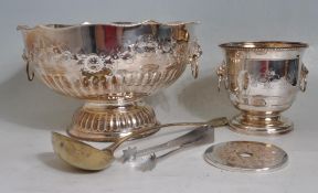VINTAGE 20TH CENTURY SILVER PLATE PUNCHBOWL AND CHAMPAGNE PUCKETS