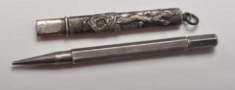 TWO SILVER PROPELLING PENCILS AND CASE