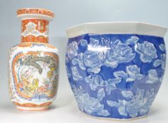 20TH CENTURY CHINESE PLANTER, TOGETHER WITH DECORATIVE CHINESE VASE.
