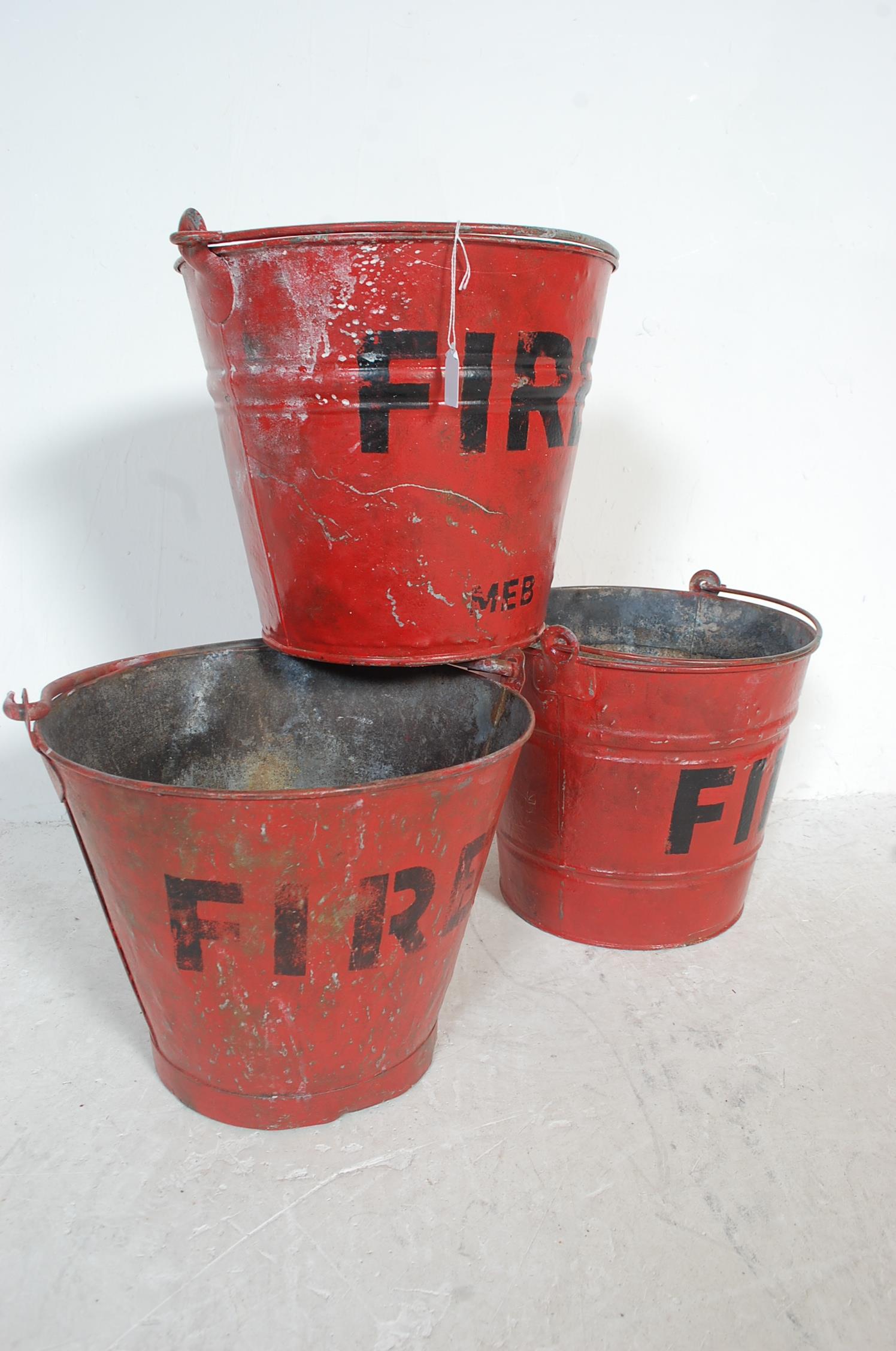 THREE VINTAGE RETRO 20TH CENTURY RED FIRE MAN BUCKETS - Image 2 of 8