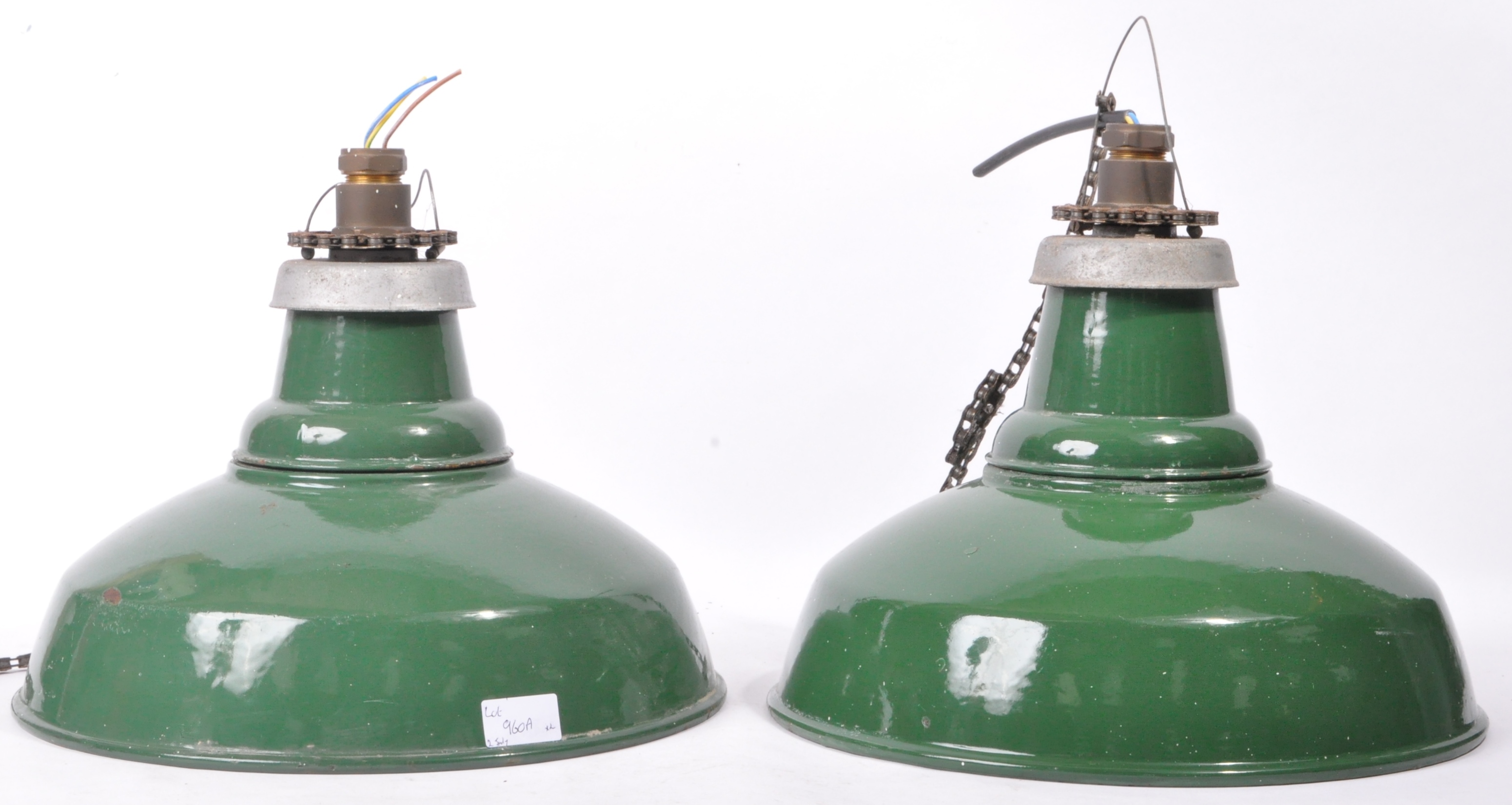 MATCHING PAIR OF GREEN AND WHITE ENAMEL PENDANT LIGHTS