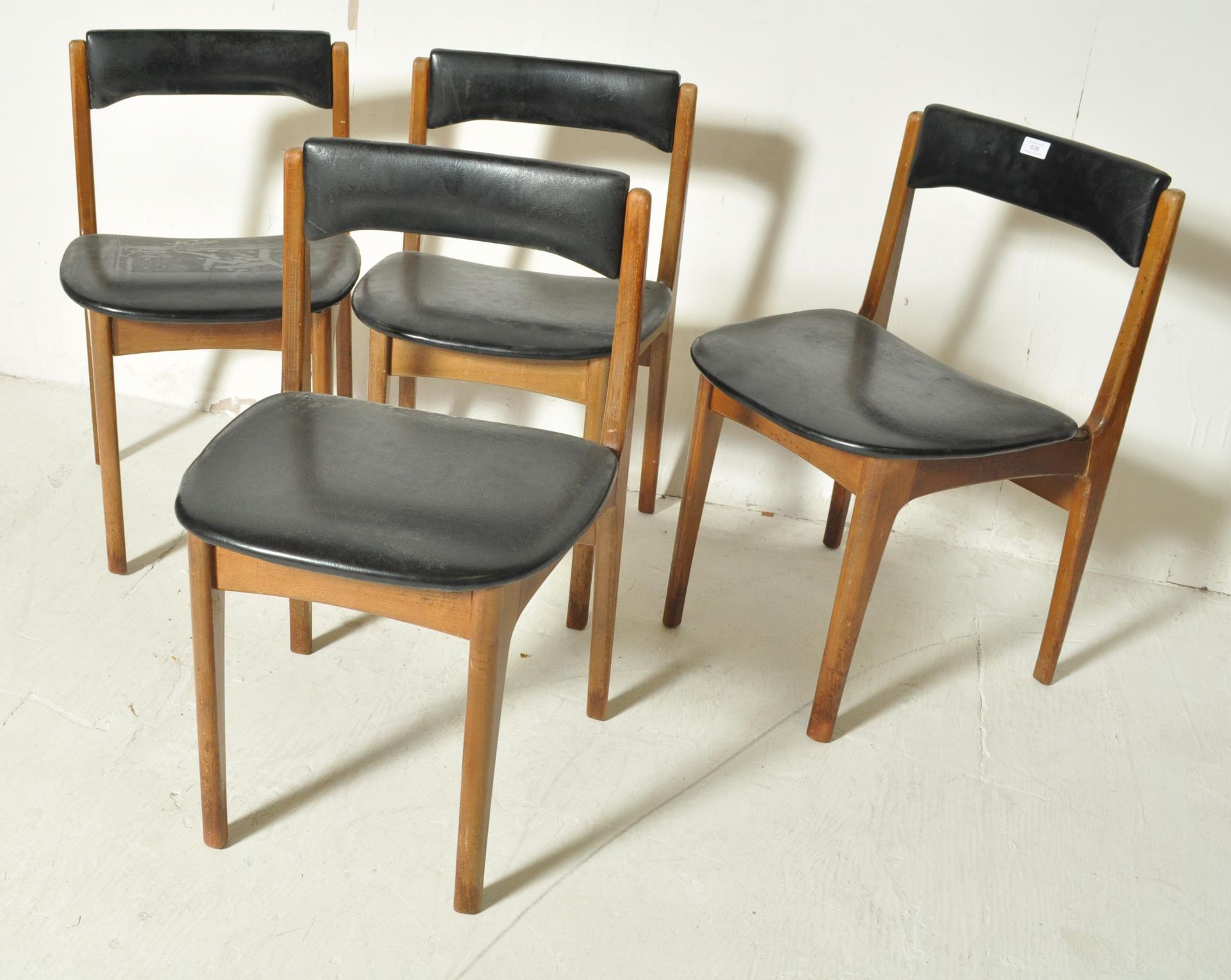 FOUR DANISH INSPIRED TEAK WOOD AND BLACK VINYL DINING CHAIRS - Image 2 of 6