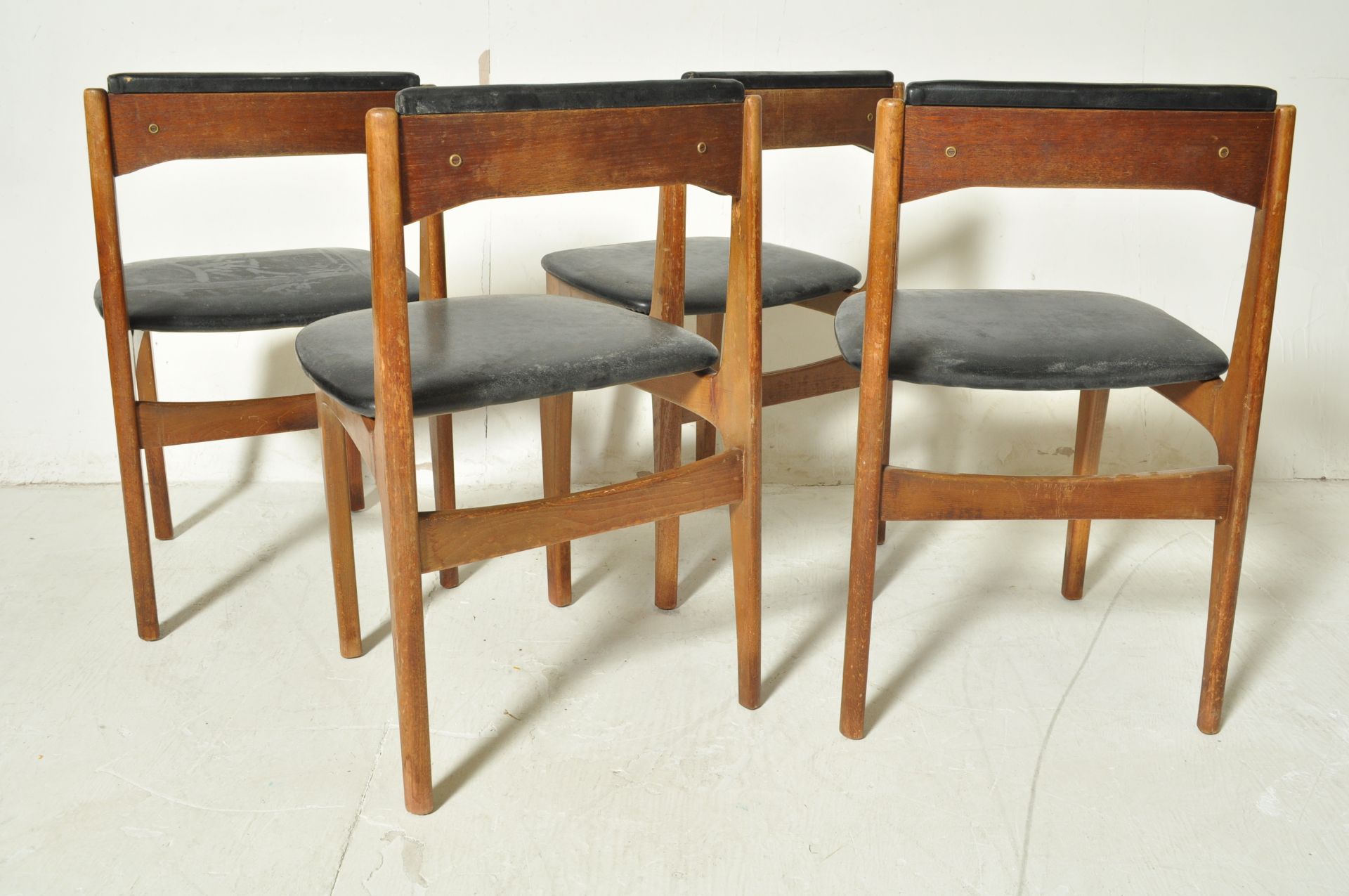 FOUR DANISH INSPIRED TEAK WOOD AND BLACK VINYL DINING CHAIRS - Image 5 of 6