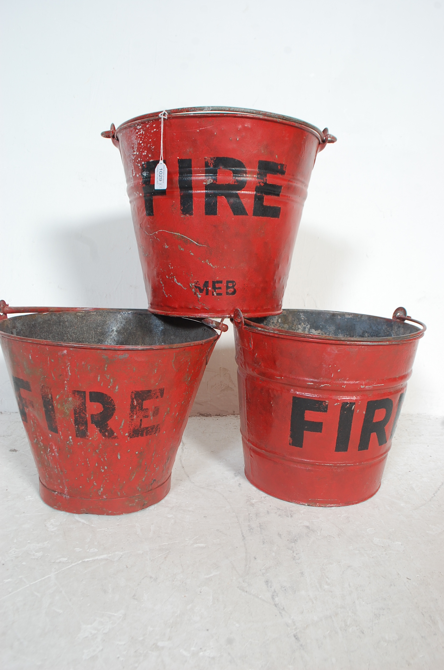 THREE VINTAGE RETRO 20TH CENTURY RED FIRE MAN BUCKETS