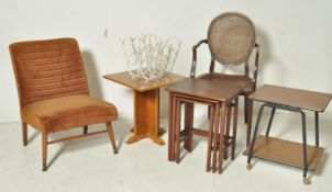 THREE MID 20TH CENTURY METAL MAGAZINE RACK AND A WOODEN COFFEE TABLE