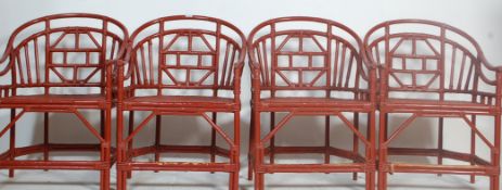 20TH CENTURY CHINESE ORIENTAL RED LACQUER BAMBOO SALOON CHAIRS