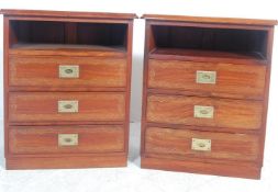 PAIR OF CONTEMPORARY TEAK CAMPAIGN STYLE BEDSIDE CABINETS