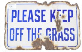 KEEP OFF THE GRASS VINTAGE BLUE AND WHITE ENAMEL SIGN