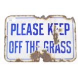 KEEP OFF THE GRASS VINTAGE BLUE AND WHITE ENAMEL SIGN