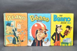 THREE VINTAGE BEANO BOOKS TO INCLUDE THE 1958, 1968 AND 1973 EDITION.