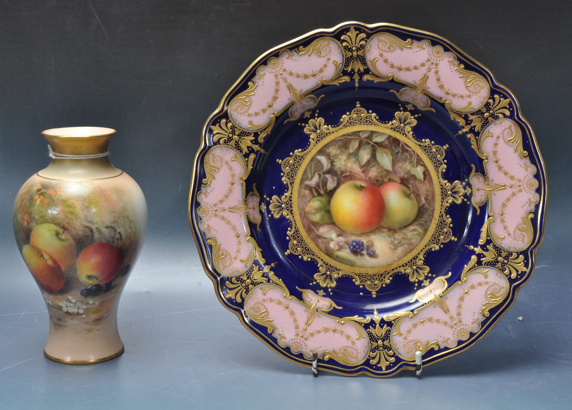 ROYAL WORCESTER R. SEBRIGHT PLATE AND RICKETTS VASE.