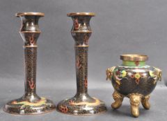 TWO CHINESE ORIENTAL ENAMEL CLOSIONNE CANDLESTICKS AND A BRUSH POT