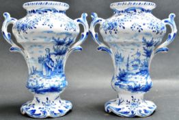 PAIR OF 20TH CENTURY DELFT TWIN HANDLE VASES