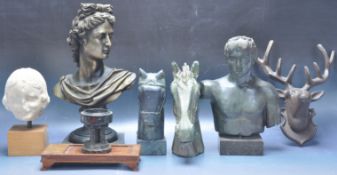 GROUP OF RESIN AND PLASTER BRONZE EFFECT GREEK BUSTS AND STATUES.