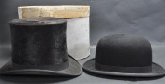 VICTORIAN 19TH CENTURY TOP HAT TOGETHER WITH A BOWLER HAT