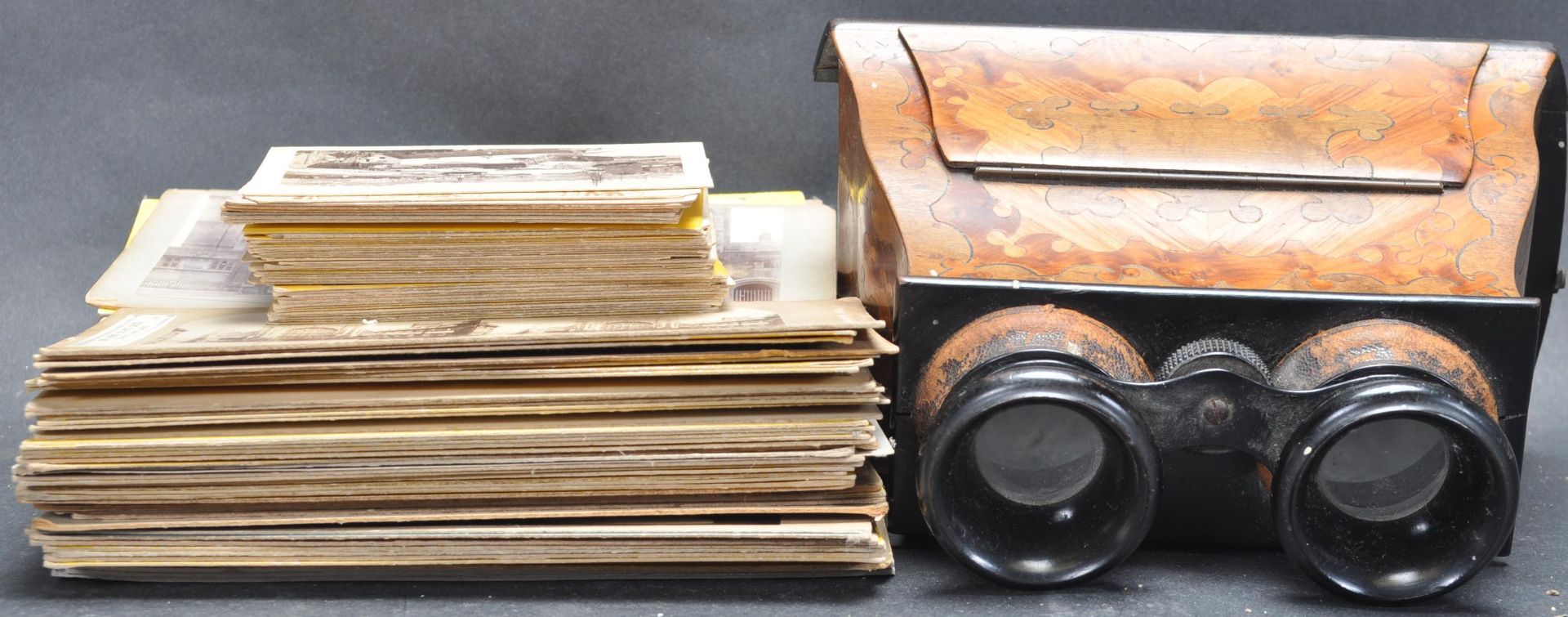 19TH CENTURY VICTORIAN MARQUETRY STEREOSCOPE WITH LOCAL INTEREST SLIDES.